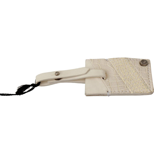 GF FERRE beige leather luggage tag keychain with patterned design and logo engraved metal hardware made in Italy.