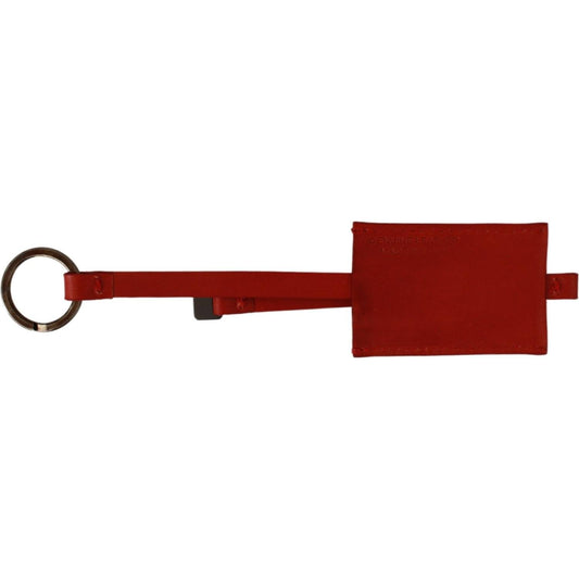 Costume National leather keychain with red leather and metal hardware, featuring a branded logo and keyring attachment.