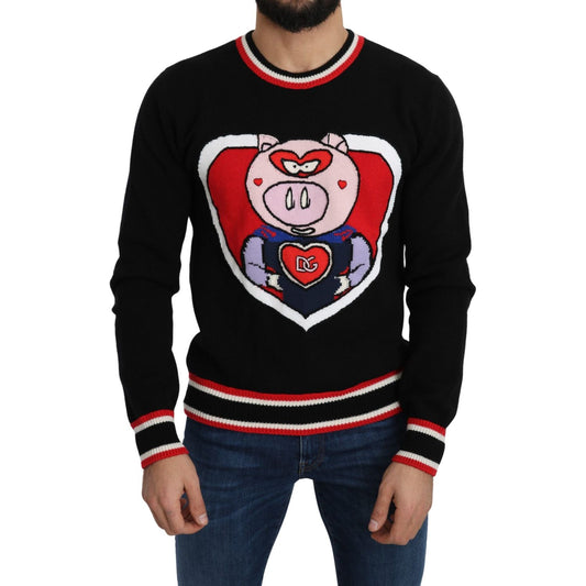 Dolce & Gabbana Black Cashmere Pig of the Year Pullover Sweater1728,4% PP,67345645728,Black,Clothing,Dolce & Gabbana,IT46 | S,IT48 | M,Material: 91% Cashmere. 5% Wool,Men,Men - Clothing,New with tags,Sweaters - Clothing,Sweaters - Men - Clothing,Sweatshir