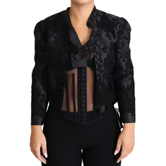 Dolce & Gabbana Black Lace Sheer Corset Organza Silk Jacket 1728,67345645728,Black,Blazers - Suits & Blazers - Clothing,Clothing,Coats - Jackets & Coats - Clothing,Dolce & Gabbana,IT46|XL,Jackets & Coats - Clothing,Jackets & Coats - Women - Clothing,New w