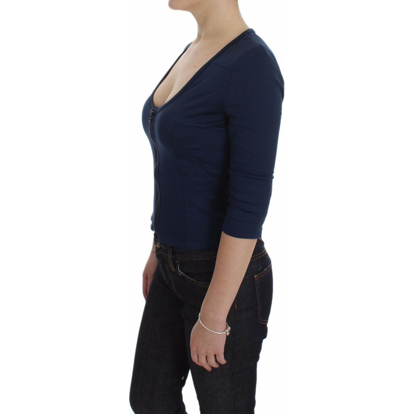 Exte Blue Cotton Top Zipper Deep Crew-neck Sweater