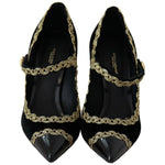 Dolce & Gabbana Black Embellished Velvet Mary Jane Pumps Shoes LA8893-35