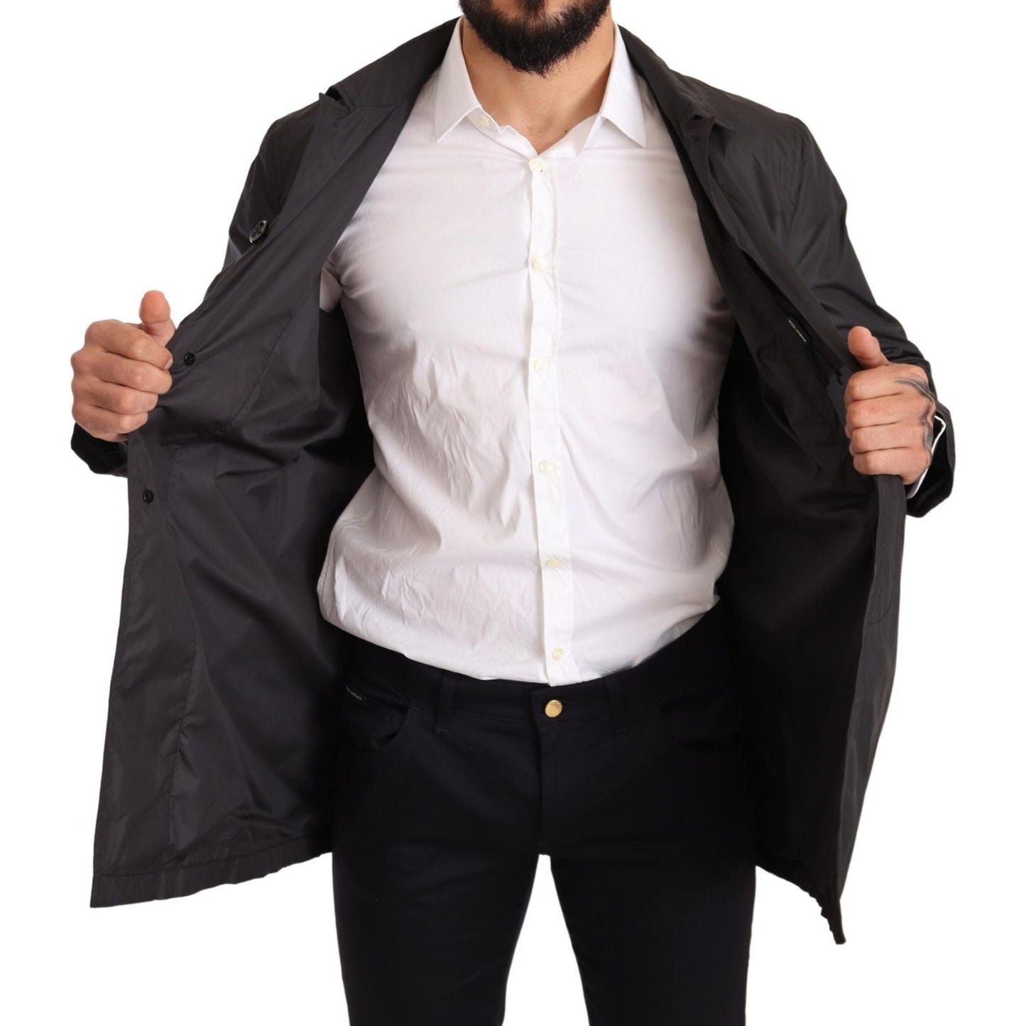 Dolce & Gabbana Black Polyester Mens Trench Coat Jacket