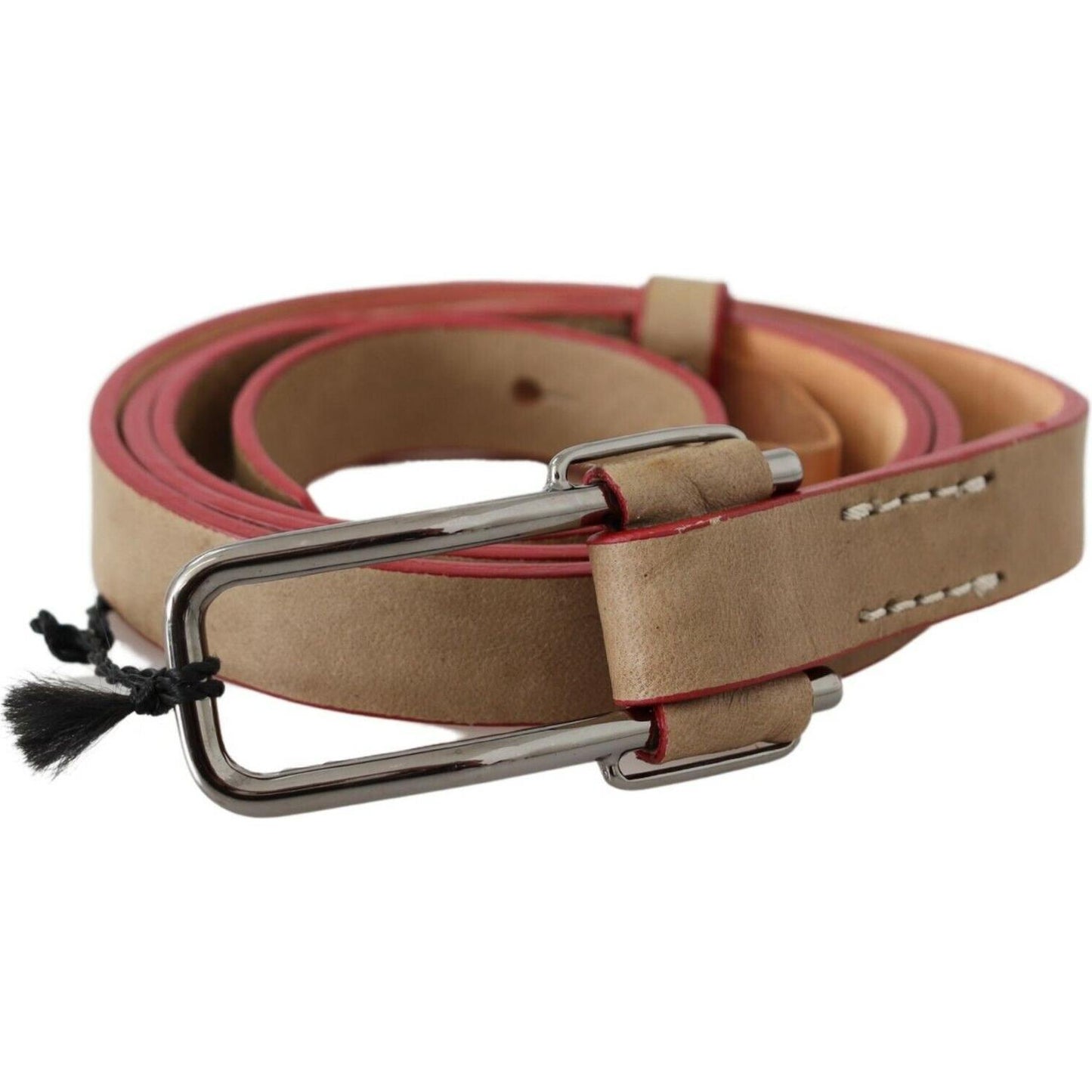 Costume National Beige Leather Silver Logo Buckle Waist Belt