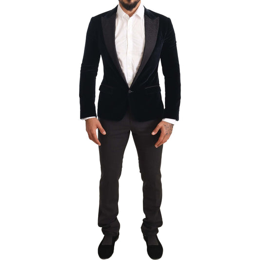 Dolce & Gabbana Blue Velvet Cotton Slim Fit Smoking Suit1728,2% Polyester,3% Elastane,33% Virgin Wool,67345645728,8% Silk,Blue,Clothing,Dolce & Gabbana,IT46 | S,Material: 54% Cotton,Men,Men - Clothing,New with tags,Suits & Blazers - Clothing,Suits - Men -