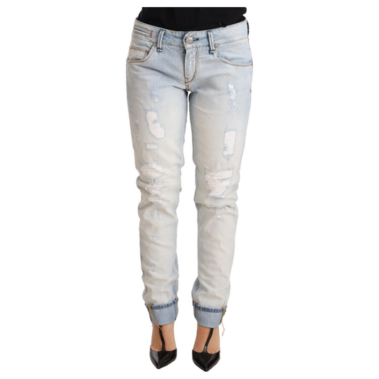 Acht Light Blue Distressed Cotton Folded Hem Denim Trouser Jeans 1728,67345645728,Acht,Clothing,Jeans & Pants - Women - Clothing,Jeans Denim - Clothing,Light Blue,Material: Cotton,New with tags,Straight-Leg Jeans - Jeans Denim - Clothing,W26,Women,Women -