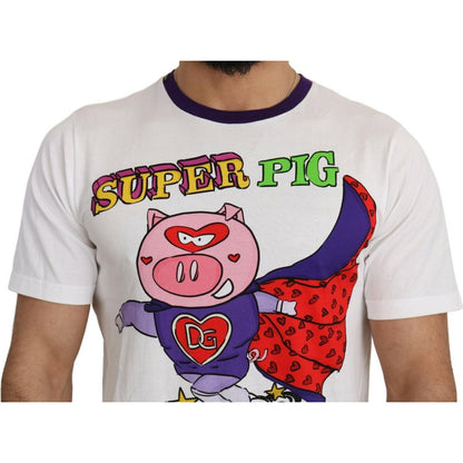 Dolce & Gabbana White Cotton Top Super Power Pig T-shirt