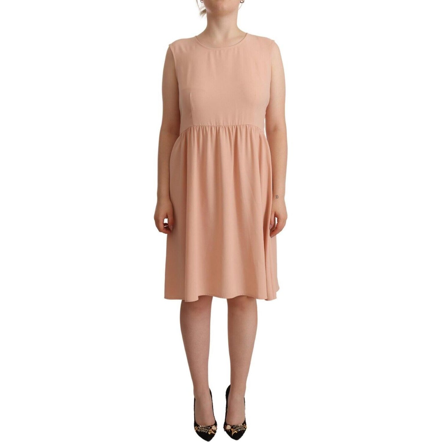 Twinset Beige Polyester Sleeveless Shift Knee Length Dress