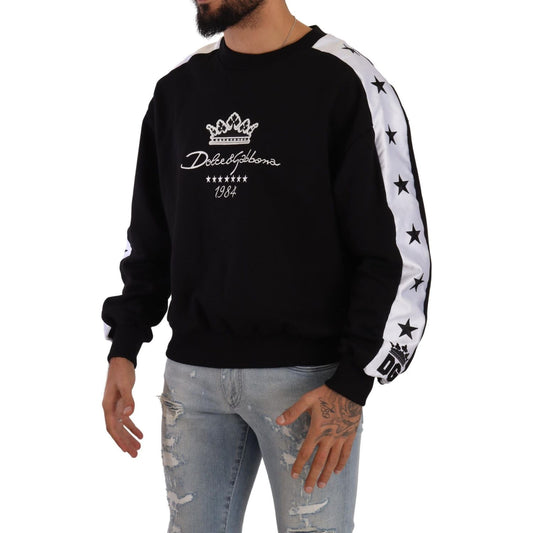 Dolce & Gabbana Black Cotton Crewneck Crown 1984 Stars Pullover Black TSH7573- XS