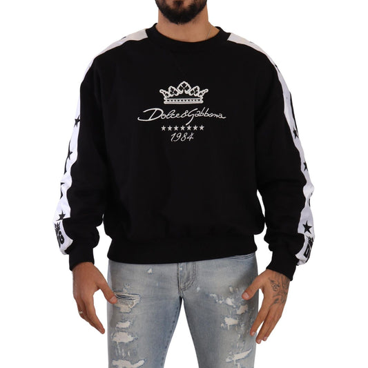 Dolce & Gabbana Black Cotton Crewneck Crown 1984 Stars Pullover Black TSH7573- XS