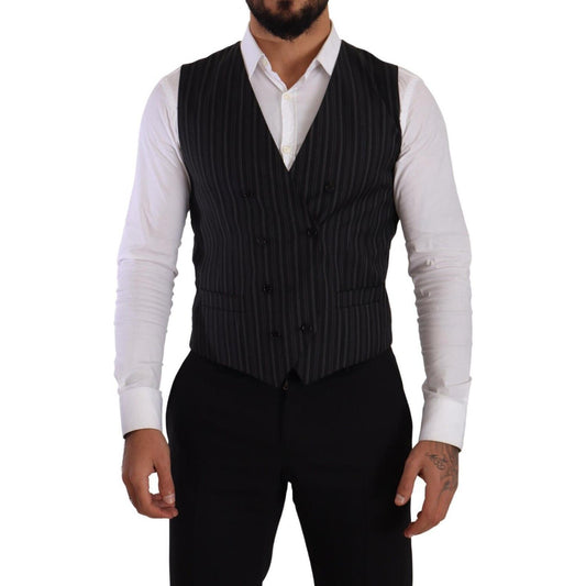 Dolce & Gabbana Gray Striped Double Breasted Waistcoat Vest13% Nylon,14% Viscose,1728,26% Polyester,5% Elastane,67345645728,Black and Gray,Clothing,Dolce & Gabbana,IT48 | M,Material: 42% Virgin Wool,Men,Men - Clothing,New with tags,Suits & Blazers - Cloth