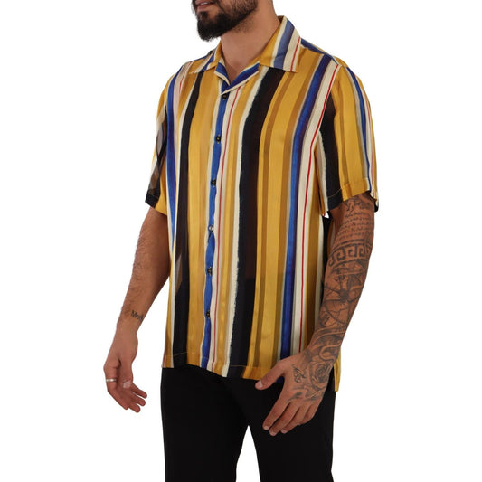 Dolce & Gabbana Yellow Striped Short Sleeve Silk Shirt TSH7539- 40