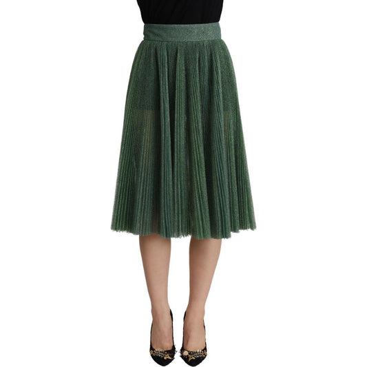 Dolce & Gabbana Metallic Green High Waist A-line Pleated Skirt 1728,67345645728,Clothing,Dolce & Gabbana,Green,IT40|S,Material: 64% Metallic Polyester 36% Cotton,Midi - Skirts - Clothing,New with tags,Skirts - Clothing,Skirts - Women - Clothing,Women,Wome