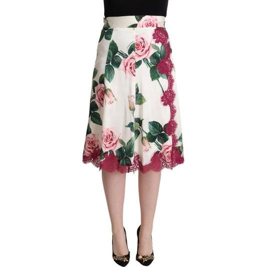 Dolce & Gabbana White Rose Print High Waist Midi A-line Skirt 1728,67345645728,Clothing,Dolce & Gabbana,IT36|XXS,IT44|L,IT48|XXL,Material: 65% Silk 22% Cotton 7% Nylon 5% Elastane,Midi - Skirts - Clothing,New with tags,Skirts - Clothing,Skirts - Women - C
