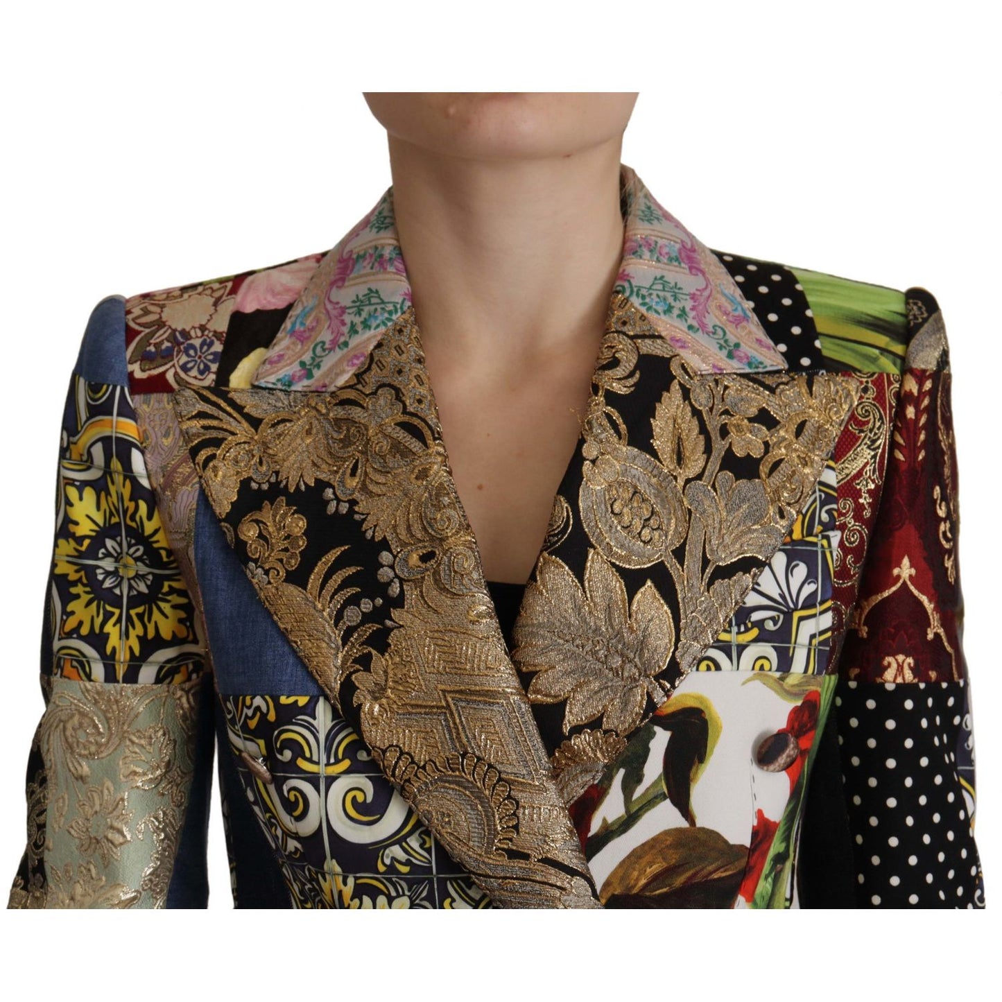 Dolce & Gabbana Multicolor Double-Breasted Patchwork Jacquard Blazer Jacket 1% silk,1728,3% acetate,3% elastane,3% nylon,38% polyester,67345645728,Blazers - Suits & Blazers - Clothing,Clothing,Coats - Jackets & Coats - Clothing,Dolce & Gabbana,IT36 | XS,I