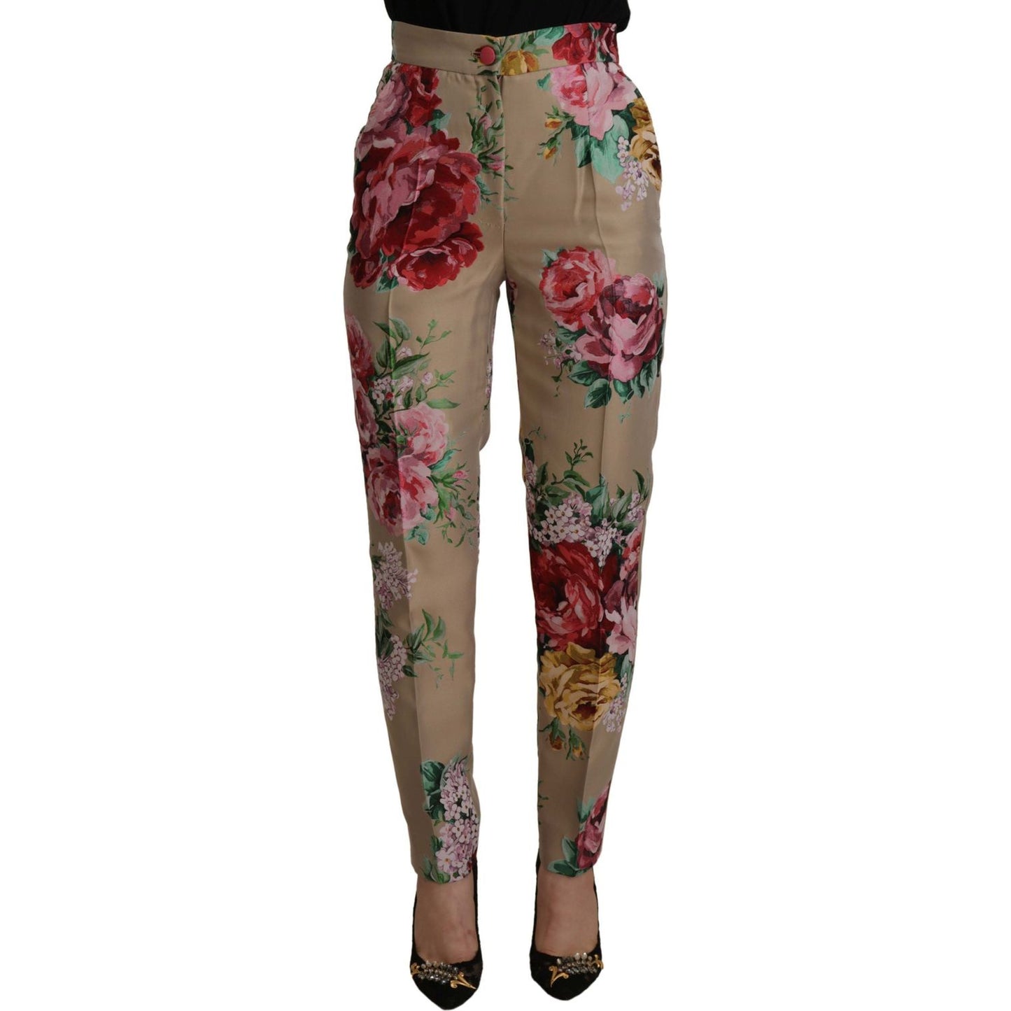 Dolce & Gabbana Beige Floral Dress Formal High Waist Pants PAN73055- 36