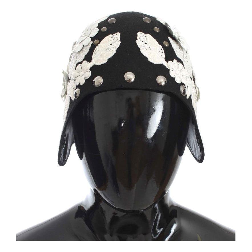 Dolce & Gabbana Black Wool White Floral Gold Leaf Hat1728,67345645728,Accessories,Black,Dolce & Gabbana,Hats - Accessories,Hats - Women - Accessories,Material: 100% Wool,New with tags,Women,Women - Accessories