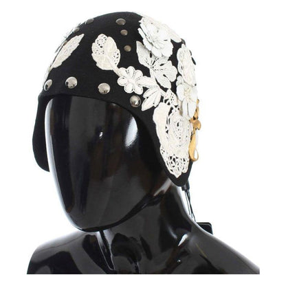Dolce & Gabbana Black Wool White Floral Gold Leaf Hat1728,67345645728,Accessories,Black,Dolce & Gabbana,Hats - Accessories,Hats - Women - Accessories,Material: 100% Wool,New with tags,Women,Women - Accessories
