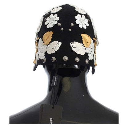 Dolce & Gabbana Black Wool White Floral Gold Leaf Hat1728,67345645728,Accessories,Black,Dolce & Gabbana,Hats - Accessories,Hats - Women - Accessories,Material: 100% Wool,New with tags,Women,Women - Accessories