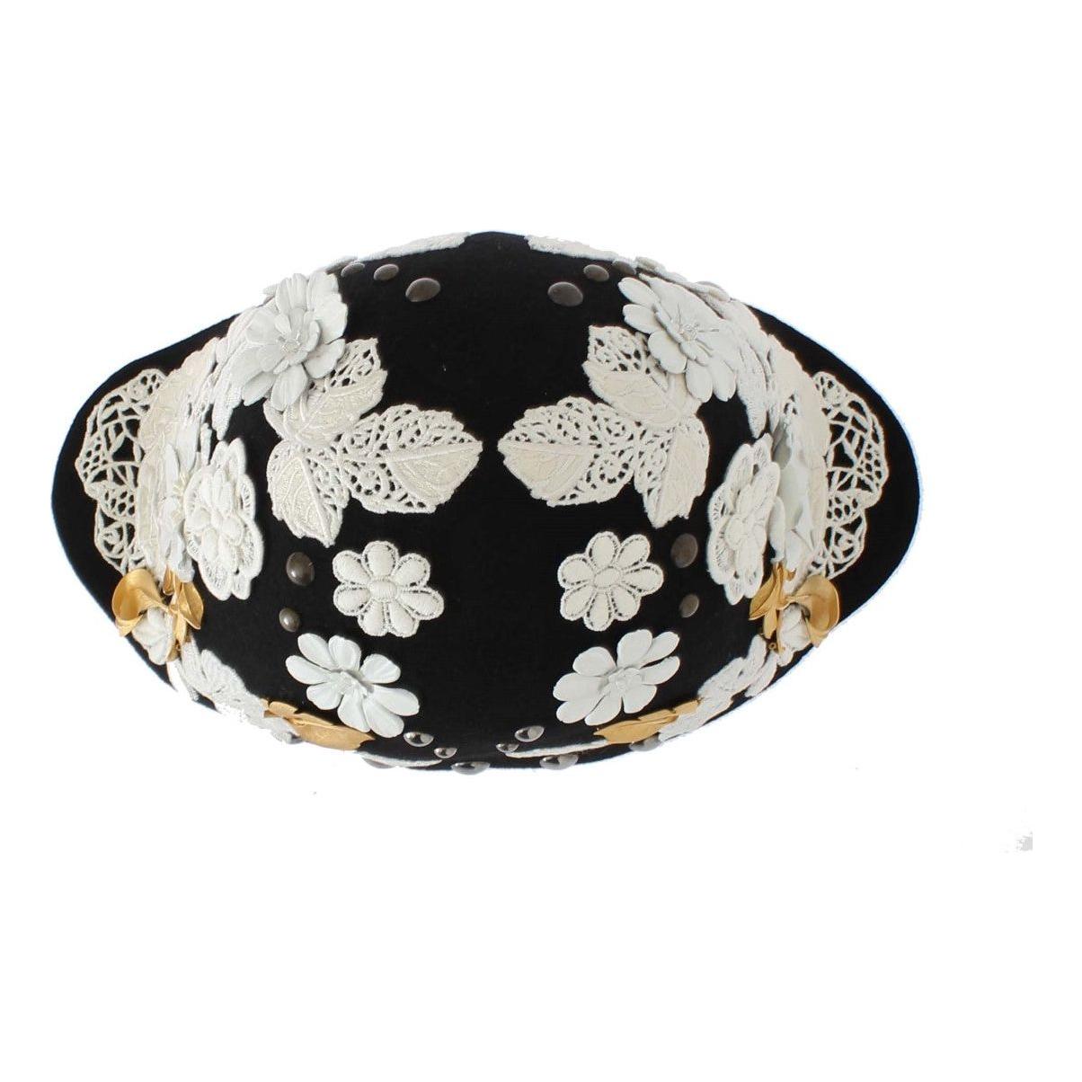 Dolce & Gabbana Black Wool White Floral Gold Leaf Hat1728,67345645728,Accessories,Black,Dolce & Gabbana,Hats - Accessories,Hats - Women - Accessories,Material: 100% Wool,New with tags,Women,Women - Accessories