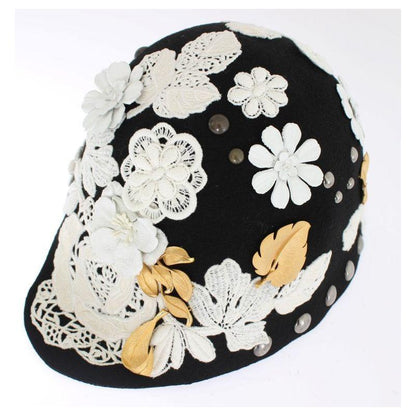 Dolce & Gabbana Black Wool White Floral Gold Leaf Hat1728,67345645728,Accessories,Black,Dolce & Gabbana,Hats - Accessories,Hats - Women - Accessories,Material: 100% Wool,New with tags,Women,Women - Accessories