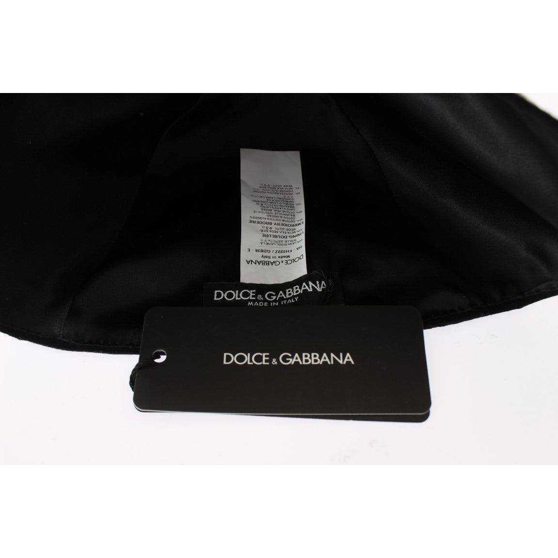 Dolce & Gabbana Black Wool White Floral Gold Leaf Hat1728,67345645728,Accessories,Black,Dolce & Gabbana,Hats - Accessories,Hats - Women - Accessories,Material: 100% Wool,New with tags,Women,Women - Accessories