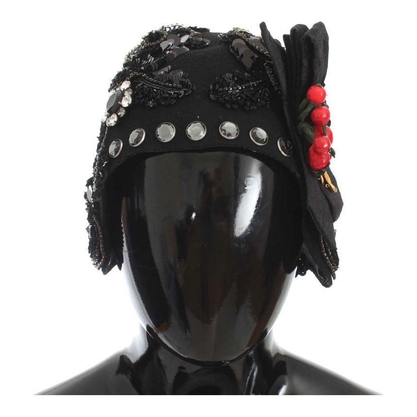 Dolce & Gabbana Black Crystal Gold Cherries Brooch Hat 10% Nylon,12% Viscose,1728,2% Silk,4% Acetate,4% Polyester,67345645728,8% Cotton,Accessories,Black,Dolce & Gabbana,Hats - Accessories,Hats - Women - Accessories,Material: 60% Wool,New with tags,Women,