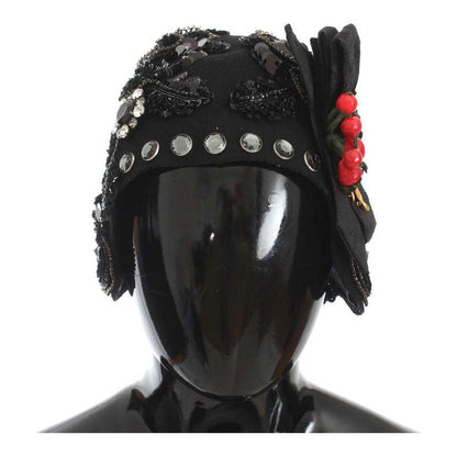 Dolce & Gabbana Black Crystal Gold Cherries Brooch Hat 10% Nylon,12% Viscose,1728,2% Silk,4% Acetate,4% Polyester,67345645728,8% Cotton,Accessories,Black,Dolce & Gabbana,Hats - Accessories,Hats - Women - Accessories,Material: 60% Wool,New with tags,Women,