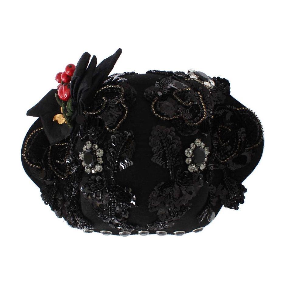 Dolce & Gabbana Black Crystal Gold Cherries Brooch Hat 10% Nylon,12% Viscose,1728,2% Silk,4% Acetate,4% Polyester,67345645728,8% Cotton,Accessories,Black,Dolce & Gabbana,Hats - Accessories,Hats - Women - Accessories,Material: 60% Wool,New with tags,Women,