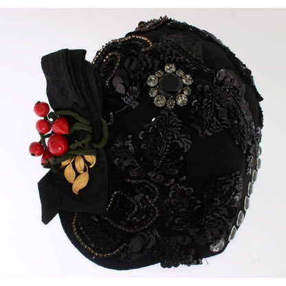 Dolce & Gabbana Black Crystal Gold Cherries Brooch Hat 10% Nylon,12% Viscose,1728,2% Silk,4% Acetate,4% Polyester,67345645728,8% Cotton,Accessories,Black,Dolce & Gabbana,Hats - Accessories,Hats - Women - Accessories,Material: 60% Wool,New with tags,Women,