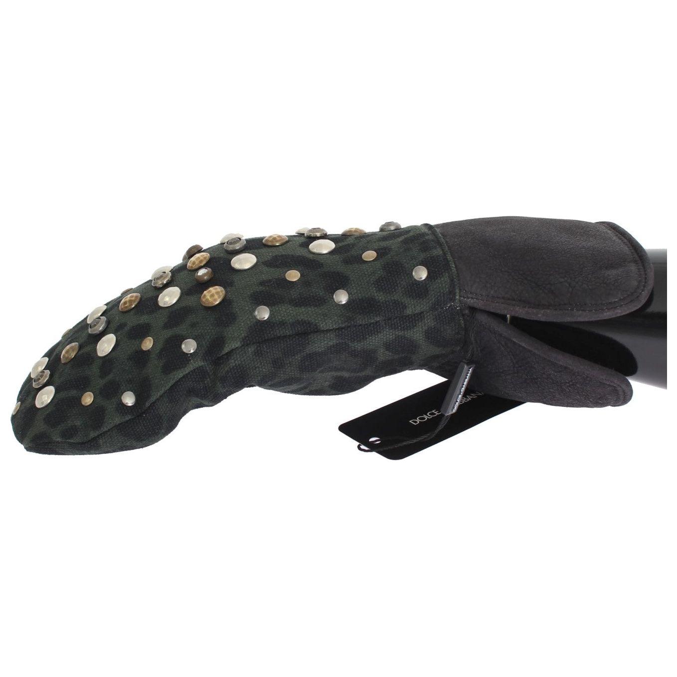 Dolce & Gabbana Gray Wool Shearling Studded Green Leopard Gloves 1728,67345645728,9|M,Accessories,Canvas cotton,Dolce & Gabbana,Gloves - Accessories,Gloves - Men - Accessories,Gray,Material: Wool Merino Shearling,Men,Men - Accessories,New with tags