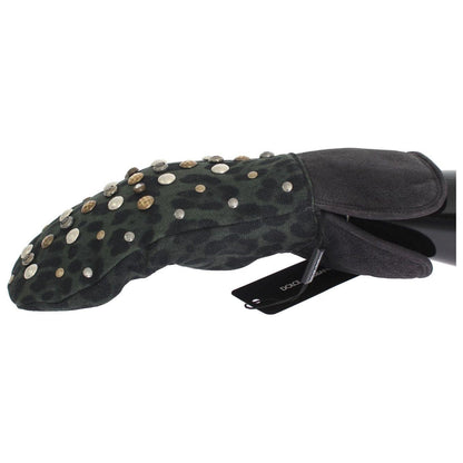 Dolce & Gabbana Gray Wool Shearling Studded Green Leopard Gloves 1728,67345645728,9|M,Accessories,Canvas cotton,Dolce & Gabbana,Gloves - Accessories,Gloves - Men - Accessories,Gray,Material: Wool Merino Shearling,Men,Men - Accessories,New with tags