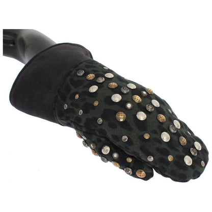 Dolce & Gabbana Gray Wool Shearling Studded Green Leopard Gloves 1728,67345645728,9|M,Accessories,Canvas cotton,Dolce & Gabbana,Gloves - Accessories,Gloves - Men - Accessories,Gray,Material: Wool Merino Shearling,Men,Men - Accessories,New with tags