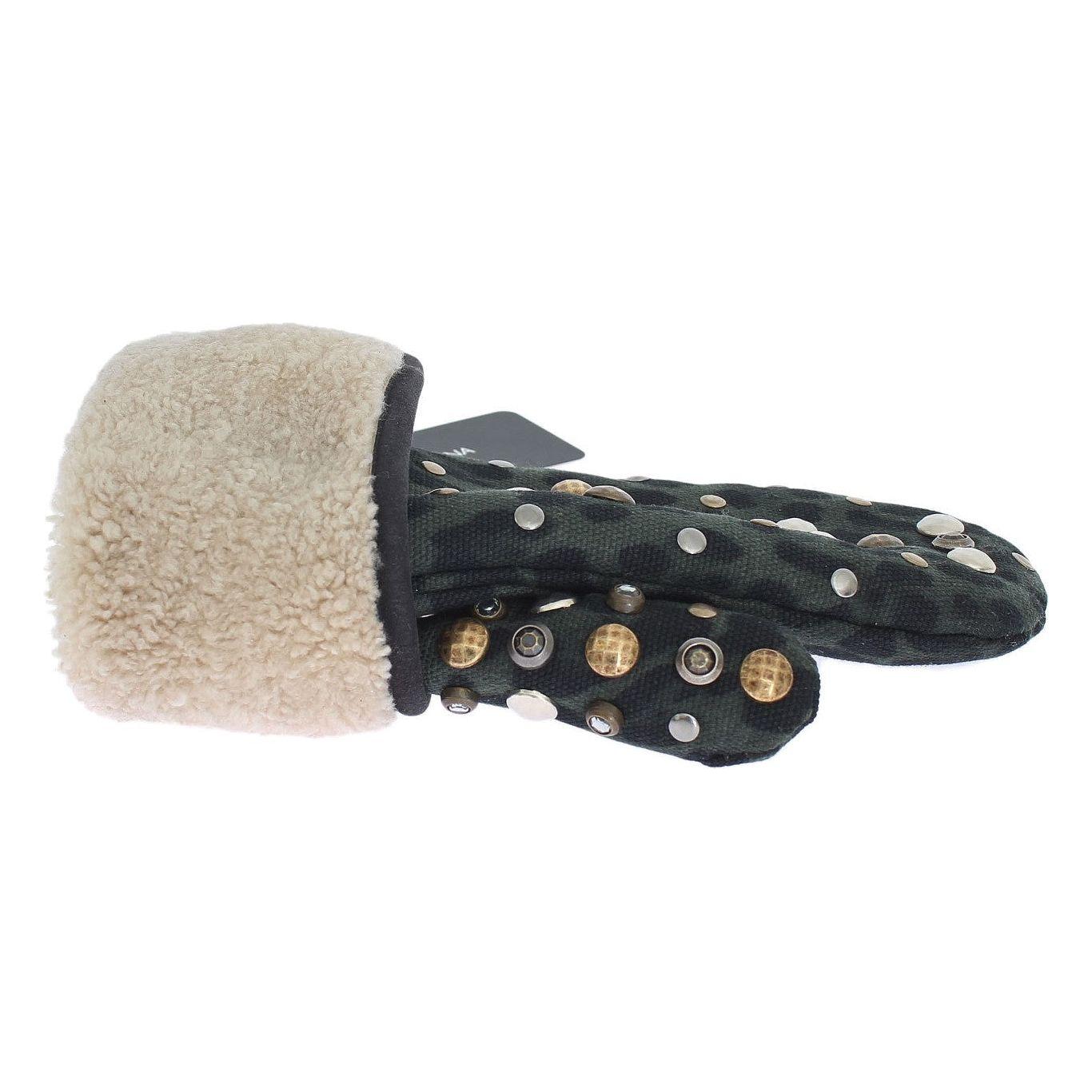 Dolce & Gabbana Gray Wool Shearling Studded Green Leopard Gloves 1728,67345645728,9|M,Accessories,Canvas cotton,Dolce & Gabbana,Gloves - Accessories,Gloves - Men - Accessories,Gray,Material: Wool Merino Shearling,Men,Men - Accessories,New with tags