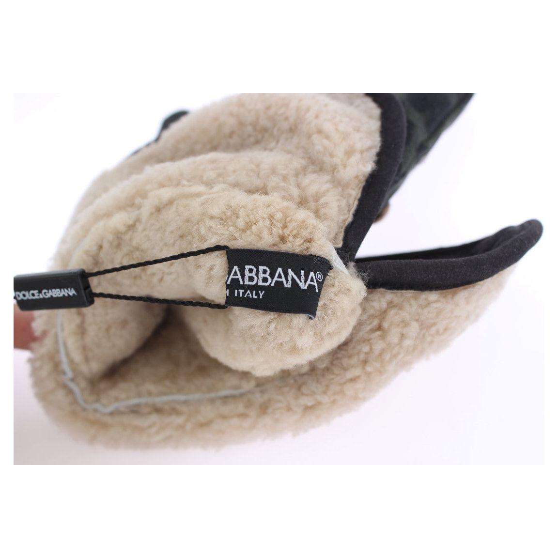 Dolce & Gabbana Gray Wool Shearling Studded Green Leopard Gloves 1728,67345645728,9|M,Accessories,Canvas cotton,Dolce & Gabbana,Gloves - Accessories,Gloves - Men - Accessories,Gray,Material: Wool Merino Shearling,Men,Men - Accessories,New with tags
