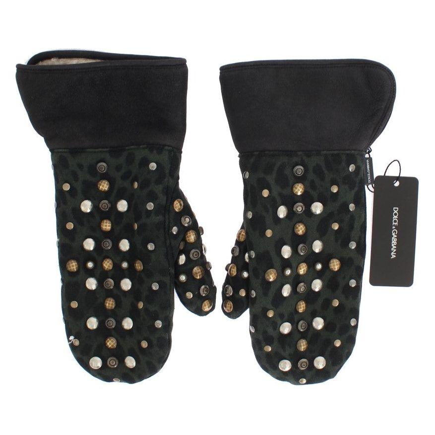 Dolce & Gabbana Gray Wool Shearling Studded Green Leopard Gloves 1728,67345645728,9|M,Accessories,Canvas cotton,Dolce & Gabbana,Gloves - Accessories,Gloves - Men - Accessories,Gray,Material: Wool Merino Shearling,Men,Men - Accessories,New with tags