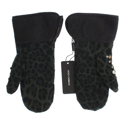 Dolce & Gabbana Gray Wool Shearling Studded Green Leopard Gloves 1728,67345645728,9|M,Accessories,Canvas cotton,Dolce & Gabbana,Gloves - Accessories,Gloves - Men - Accessories,Gray,Material: Wool Merino Shearling,Men,Men - Accessories,New with tags