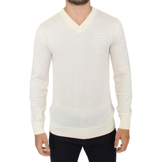 Ermanno Scervino Off White Wool Blend V-neck Pullover Sweater1728,50% Wool,67345645728,Clothing,Ermanno Scervino,IT46 | S,Material: 50% Acrylic,Men,Men - Clothing,New with tags,Sweaters - Clothing,Sweaters - Men - Clothing,Sweatshirts - Sweaters - Clothin