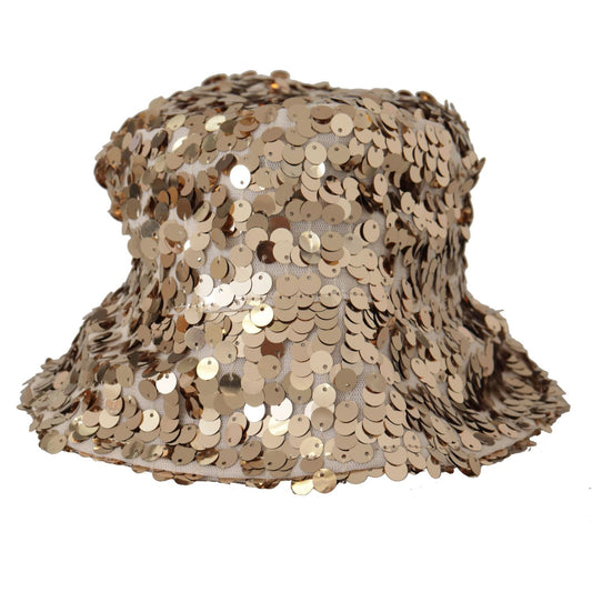 Dolce & Gabbana Gold Silk Sequin Embellished Designer Brim Bucket Hat HAT9295