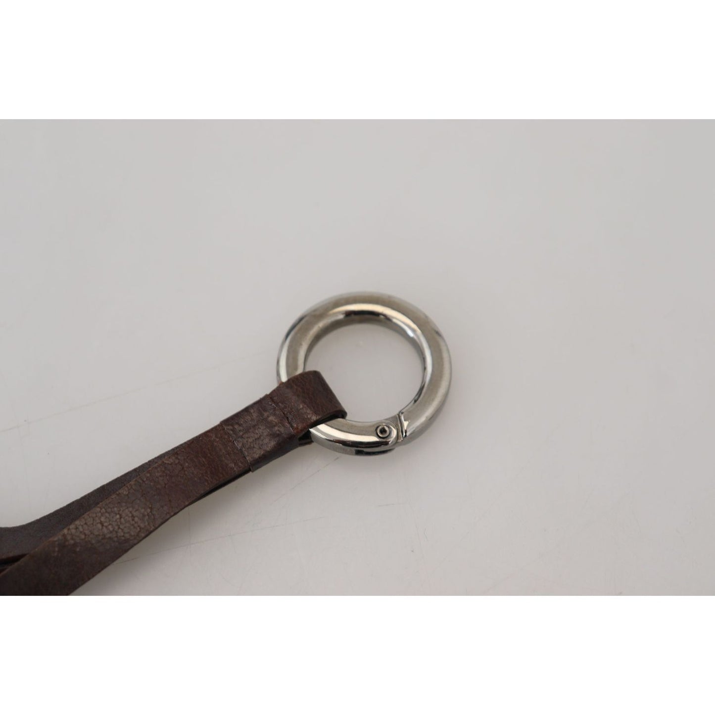 Costume National Brown Leather Silver Tone Metal Keyring Keychain