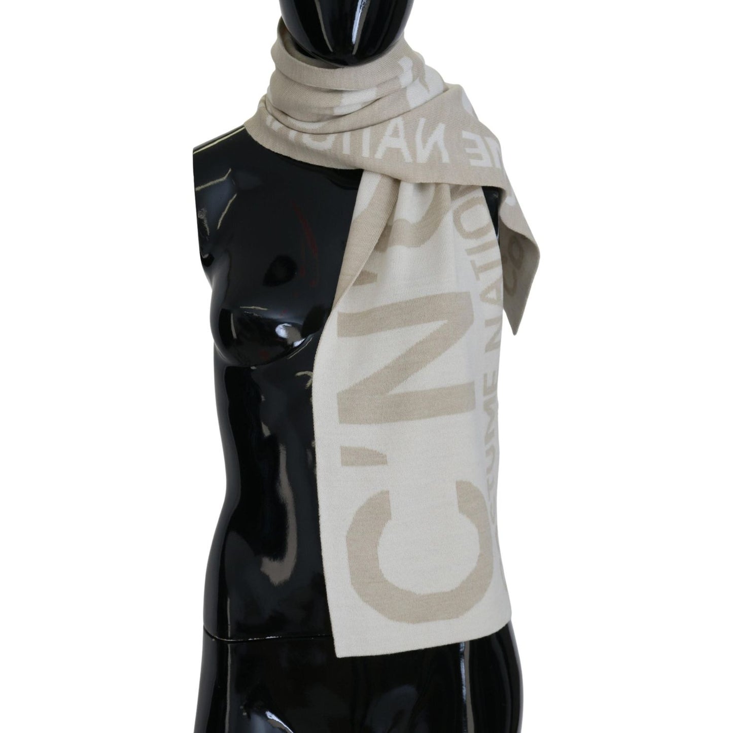 Costume National Beige White Logo Wrap Warmer Shawl Scarf 1728,67345645728,Accessories,Costume National,Material: 50% Acrylic 50% Wool,New with tags,Scarves - Accessories,Scarves - Scarves - Accessories,Scarves - Women - Accessories,Women,Women - Accessor