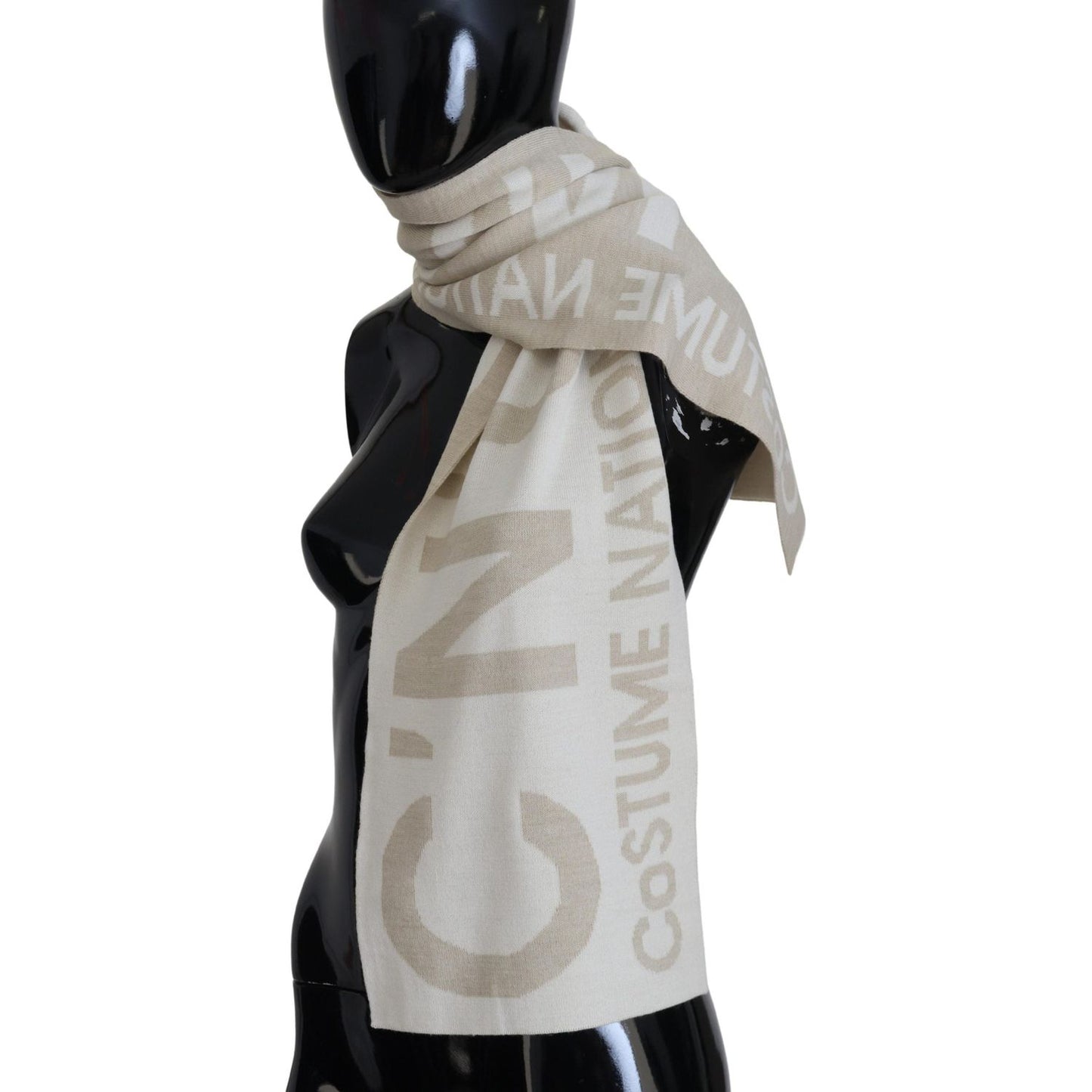 Costume National Beige White Logo Wrap Warmer Shawl Scarf 1728,67345645728,Accessories,Costume National,Material: 50% Acrylic 50% Wool,New with tags,Scarves - Accessories,Scarves - Scarves - Accessories,Scarves - Women - Accessories,Women,Women - Accessor