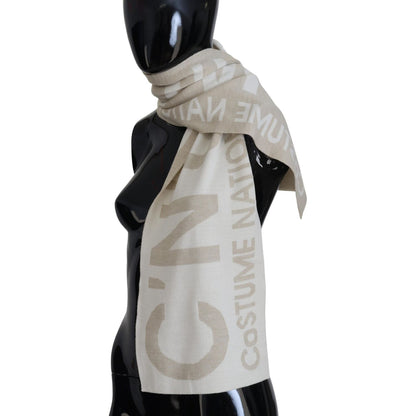 Costume National Beige White Logo Wrap Warmer Shawl Scarf 1728,67345645728,Accessories,Costume National,Material: 50% Acrylic 50% Wool,New with tags,Scarves - Accessories,Scarves - Scarves - Accessories,Scarves - Women - Accessories,Women,Women - Accessor