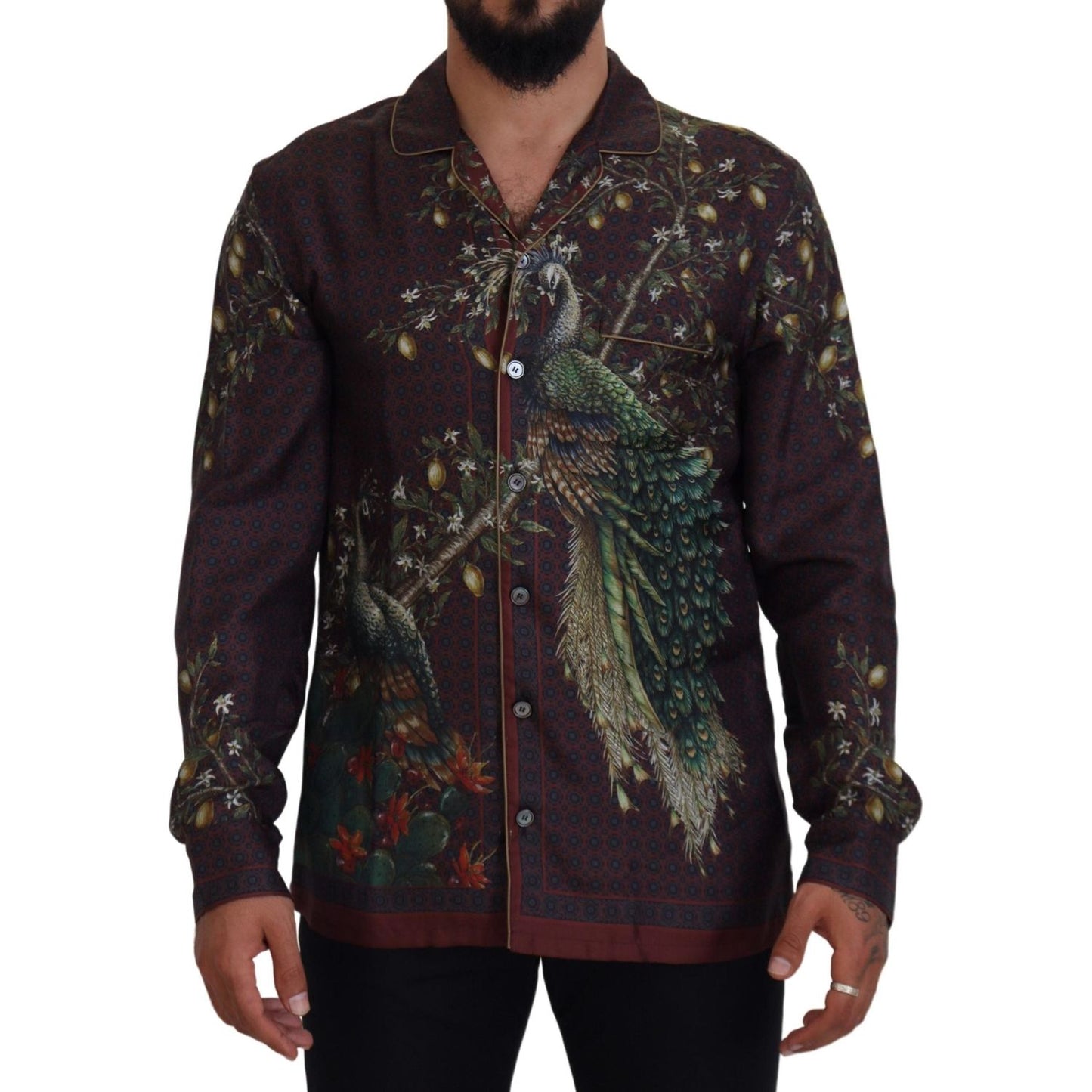 Dolce & Gabbana Bordeaux Ostrich Silk Satin Casual Mens Shirt TSH83583- IT3