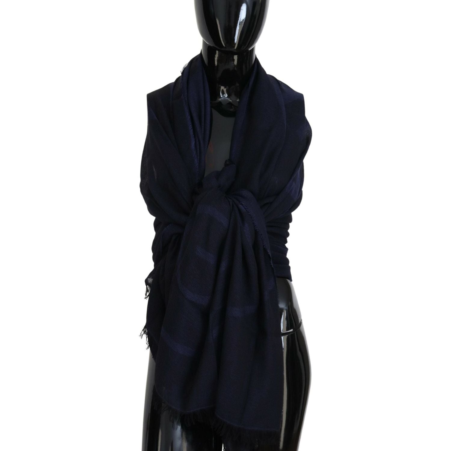 GF Ferre Dark Blue Wool Neck Wrap Shawl Fringes Scarf