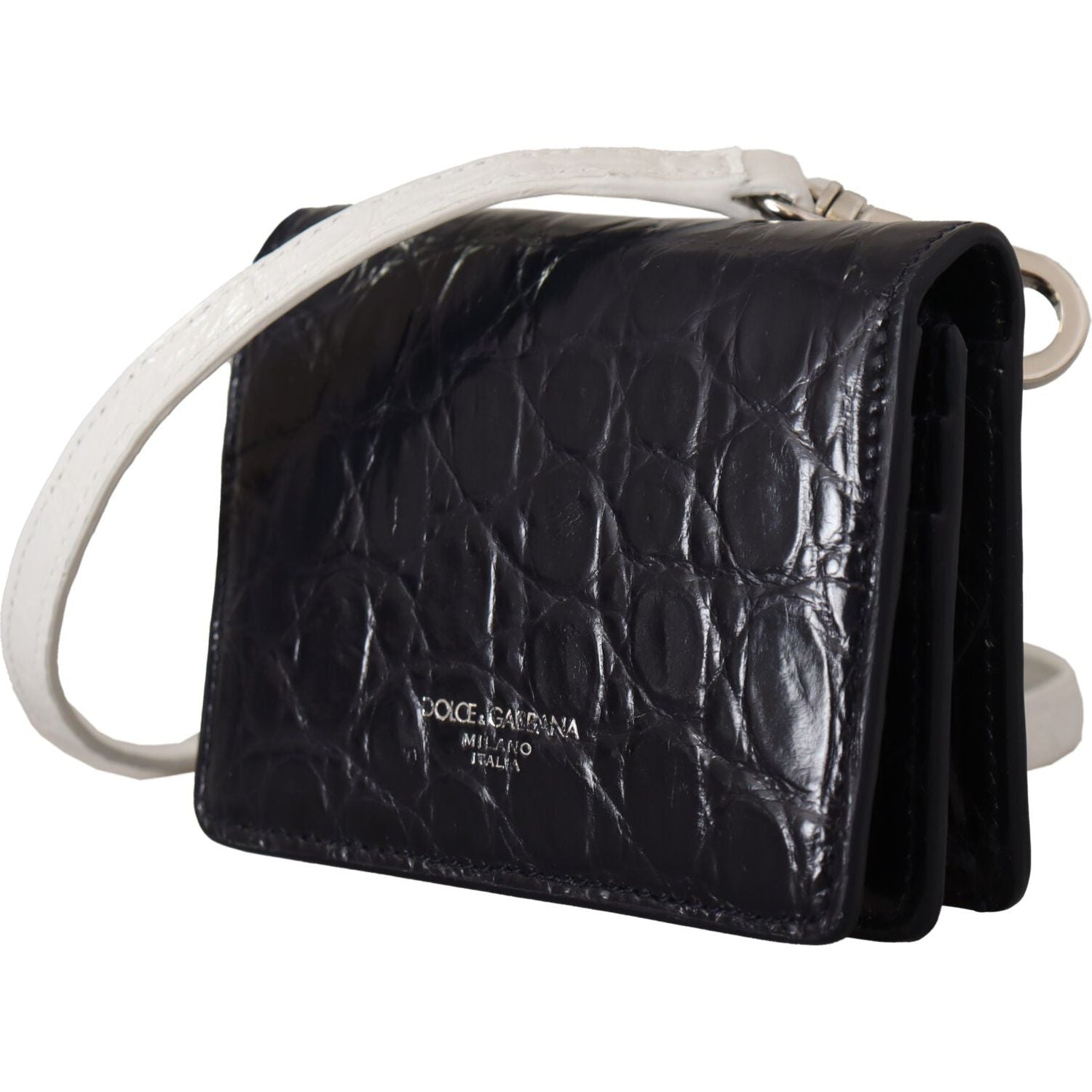 Dolce & Gabbana Blue White Caiman Leather Strap Card Holder Wallet