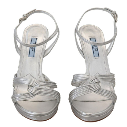 Prada Silver Leather Sandals Ankle Strap Heels Stiletto 1728,67345645728,EU39/US8.5,EU40/US9.5,EU41/US10.5,Material: 100% Leather,New with tags,Prada,Sandals - Shoes,Sandals - Women - Shoes,Shoes,Silver,Stiletto Heels - Sandals - Shoes,Women,Women - Shoes