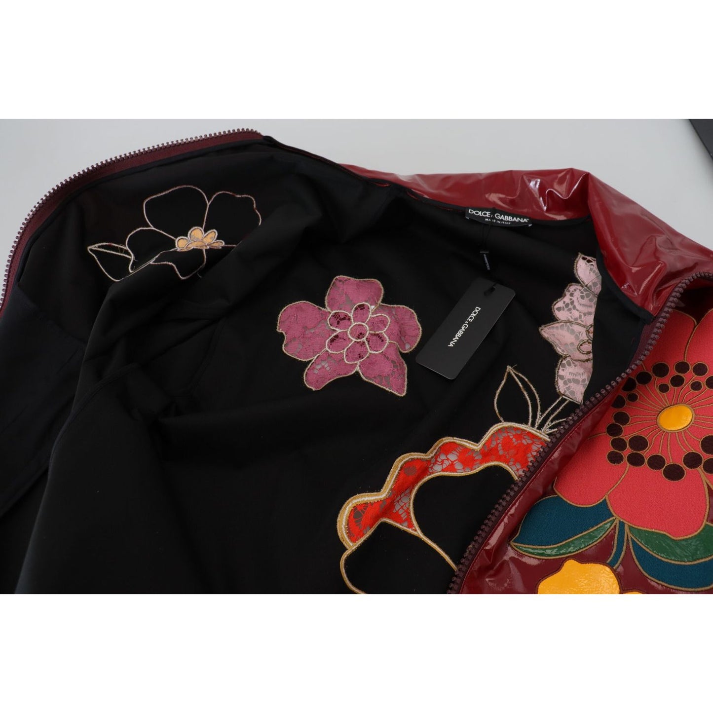 Dolce & Gabbana Maroon Floral Full Zip Polyester Women Jacket 1728,67345645728,Clothing,Dolce & Gabbana,IT40|S,Jackets & Coats - Clothing,Jackets & Coats - Women - Clothing,Maroon,Material: 60% Polyester 40% Polyurethane,New with tags,Rain Coats - Jackets
