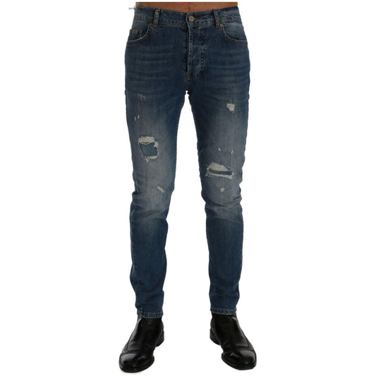 Frankie Morello Blue Wash Torn Dunfermile Slim Fit Jeans 1728,2% Elastane,67345645728,Blue,Clothing,Frankie Morello,Jeans & Pants - Men - Clothing,Jeans Denim - Clothing,Material: 98% Cotton,Men,Men - Clothing,New with tags,Slim Fit Jeans - Jeans Denim -