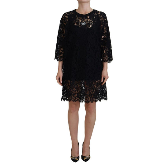Dolce & Gabbana Black Floral Lace Cotton Shift Mini Dress